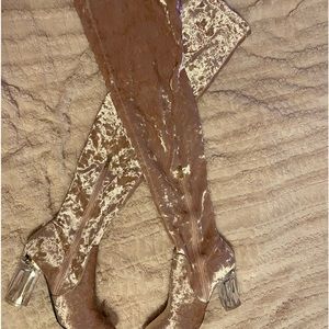 Pink crushed velvet thigh high boots